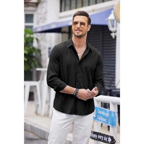 ❤️Mens Black Cuban Shirt Casual Button Down  Long Sleeve Beach Linen Shirts - Picture 3 of 7